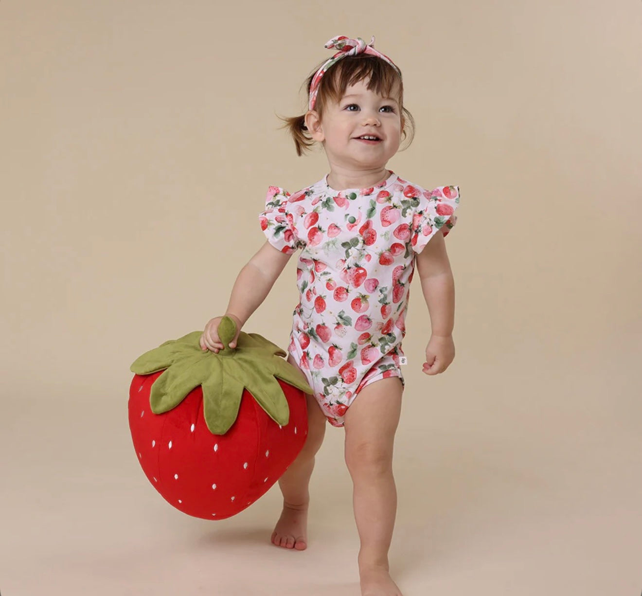 Short Sleeve Orgainic Bodysuit with Frills - Strawberry