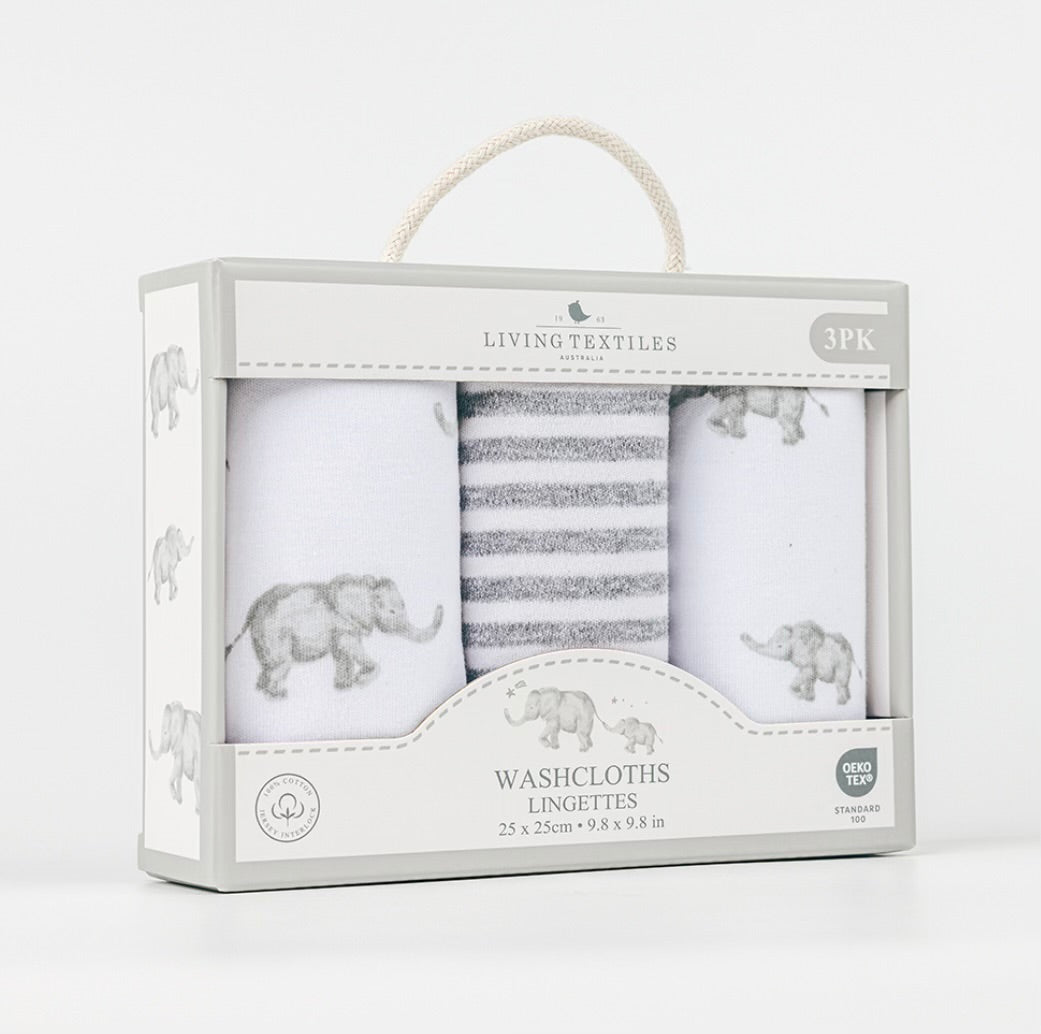 3 Pack Washcloth Set- Grey Elephant