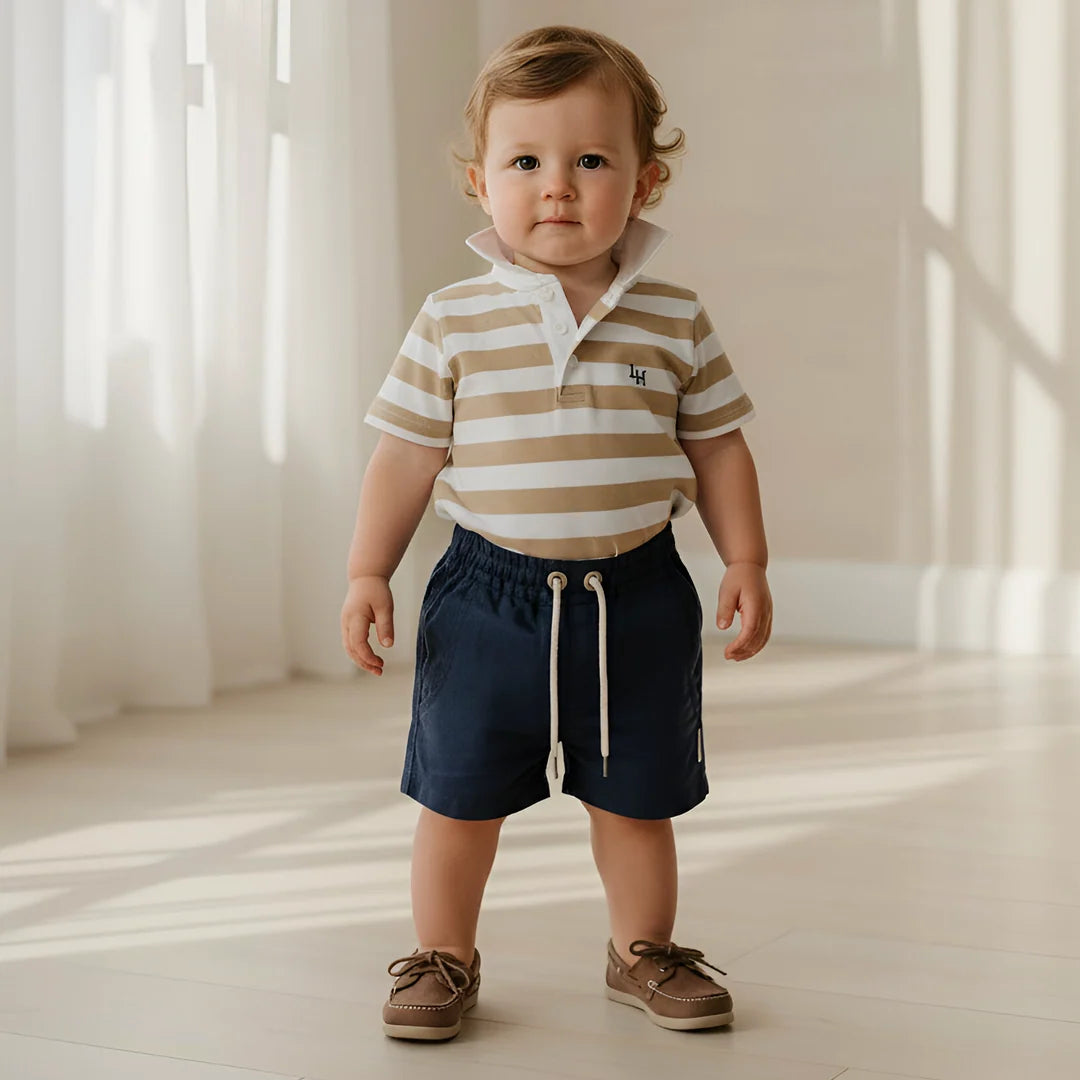 Baby Boys Rugby Romper - Beige Stripe