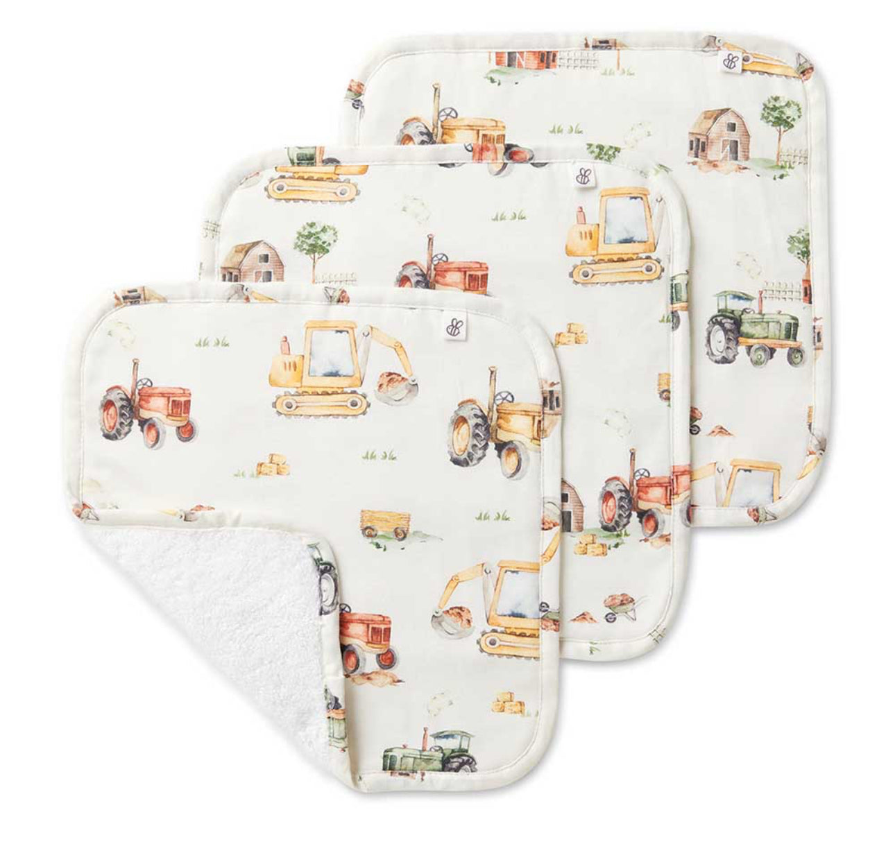 Snuggle Hunny Organic 3 Pack Wash Cloths - Diggers & Tractors