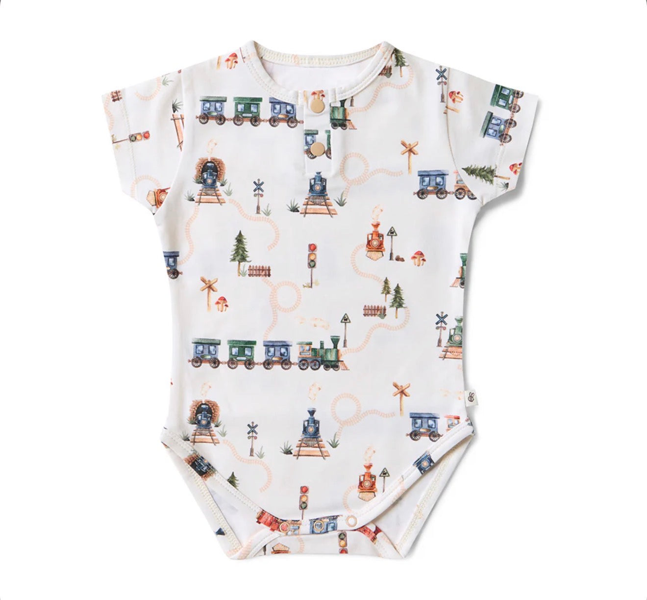 Short Sleeve Organic Bodysuit - Trains
