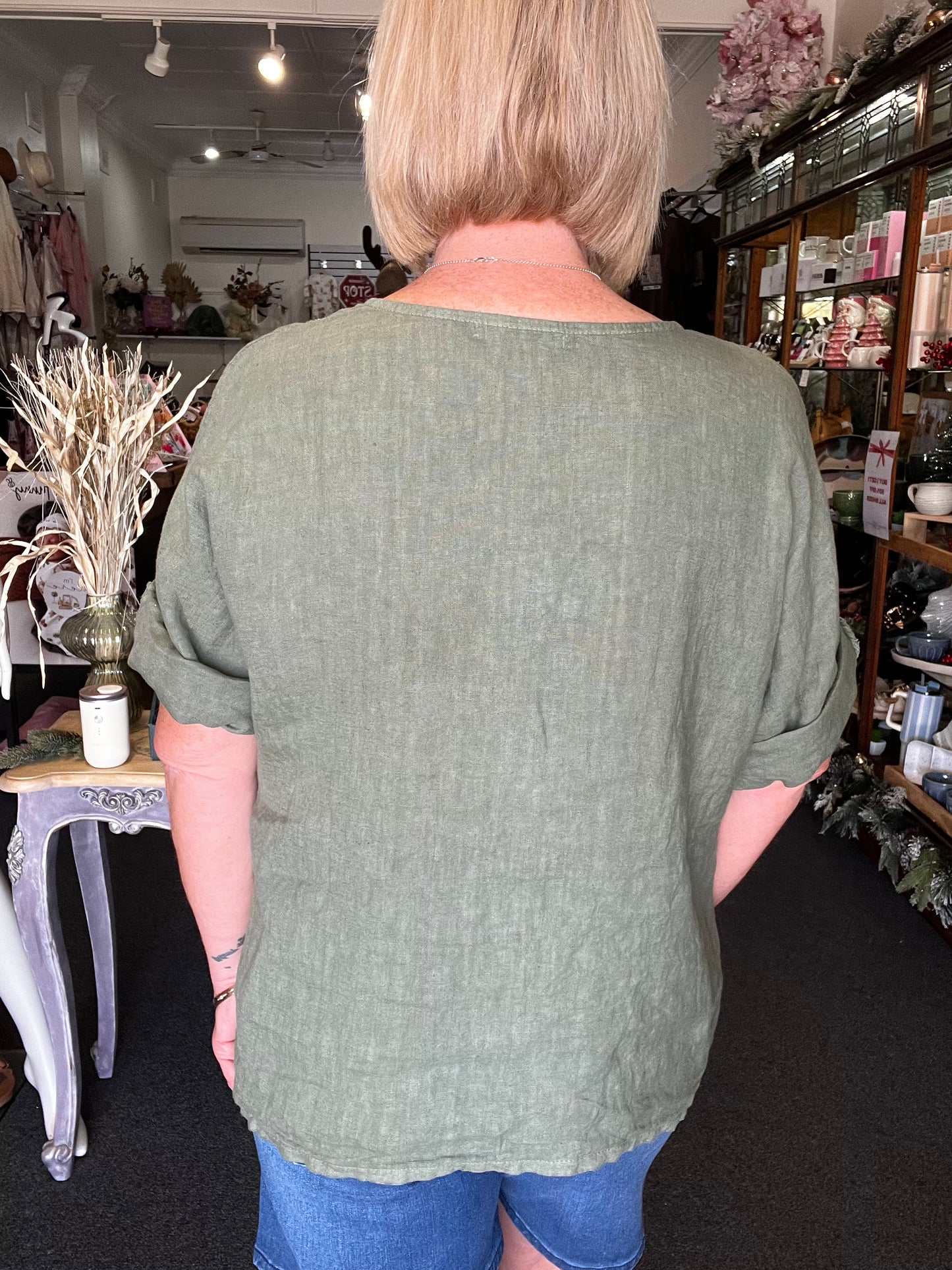 Italian Linen Top- Khaki