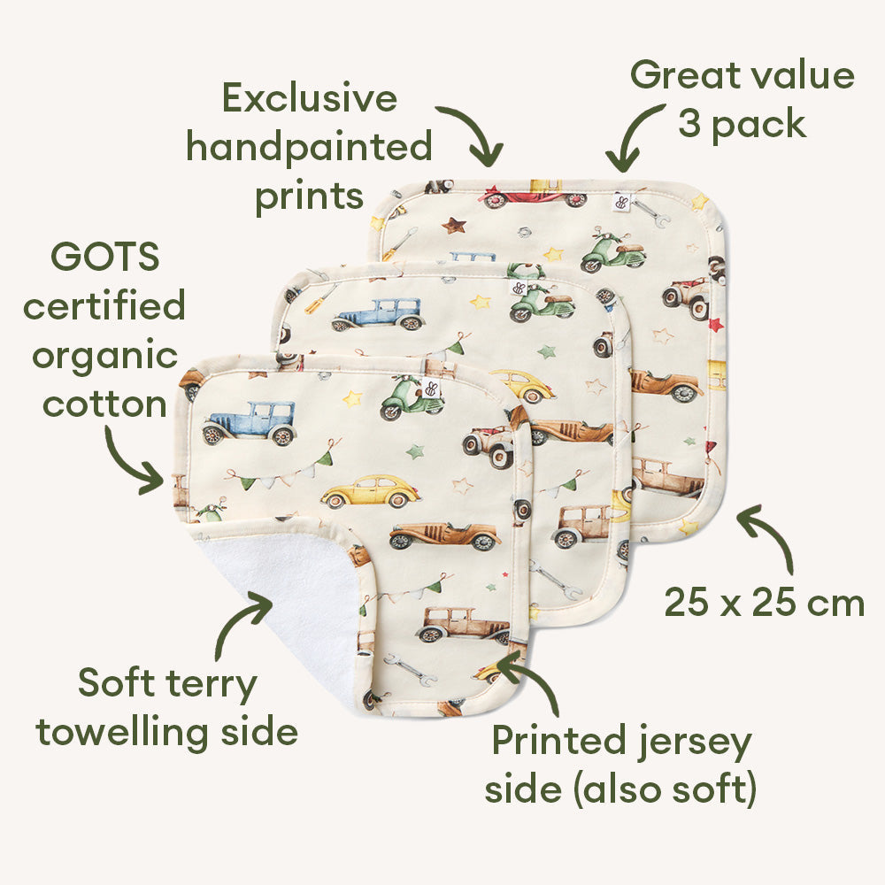 Organic Wash Cloths - 3 Pack - Vintage Cars