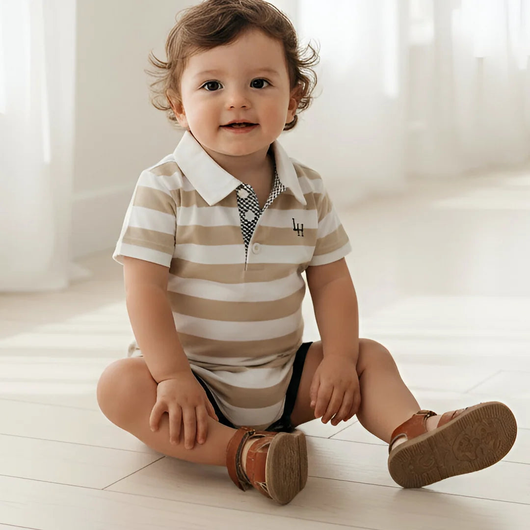 Baby Boys Rugby Romper - Beige Stripe