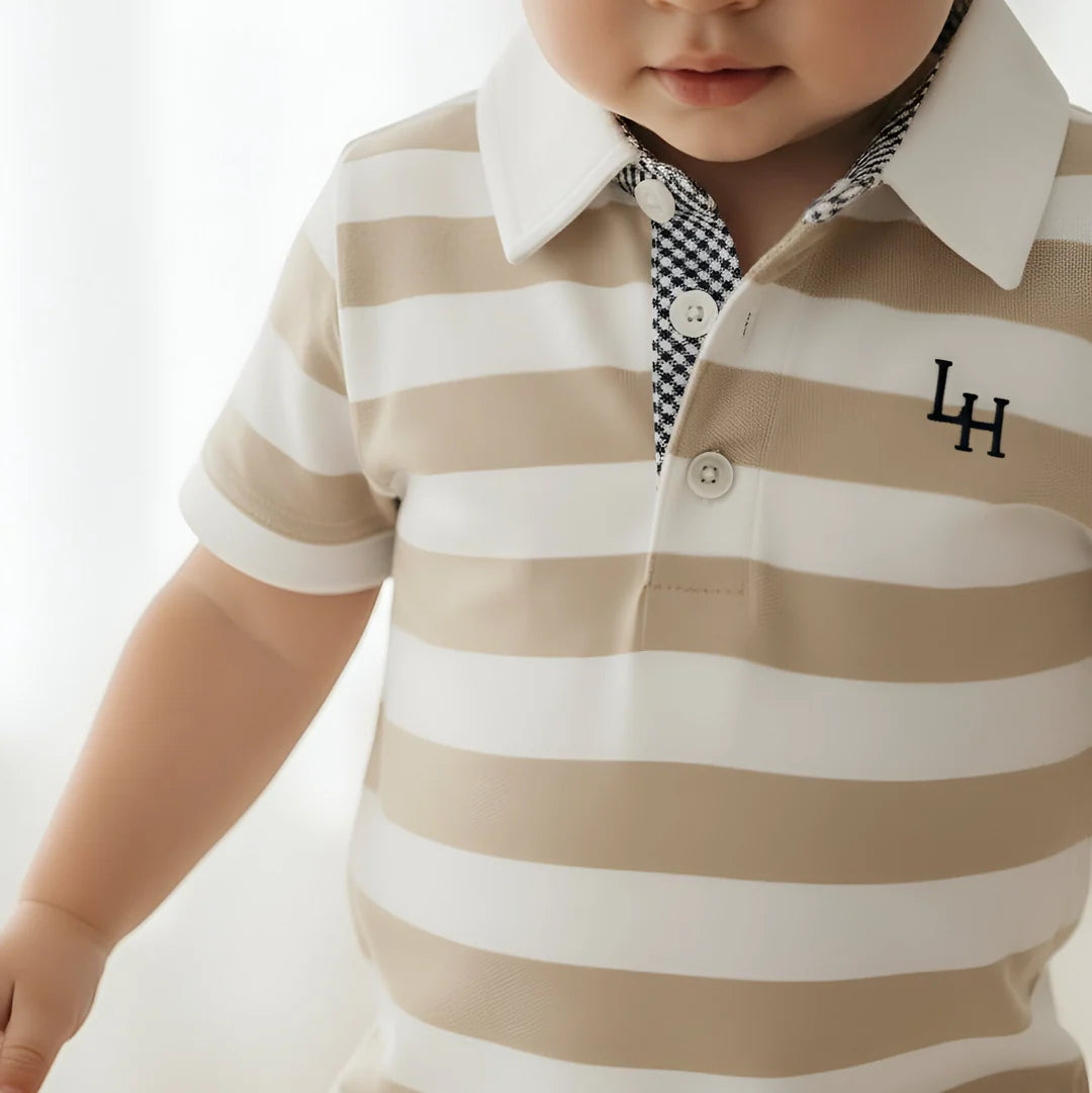 Baby Boys Rugby Romper - Beige Stripe