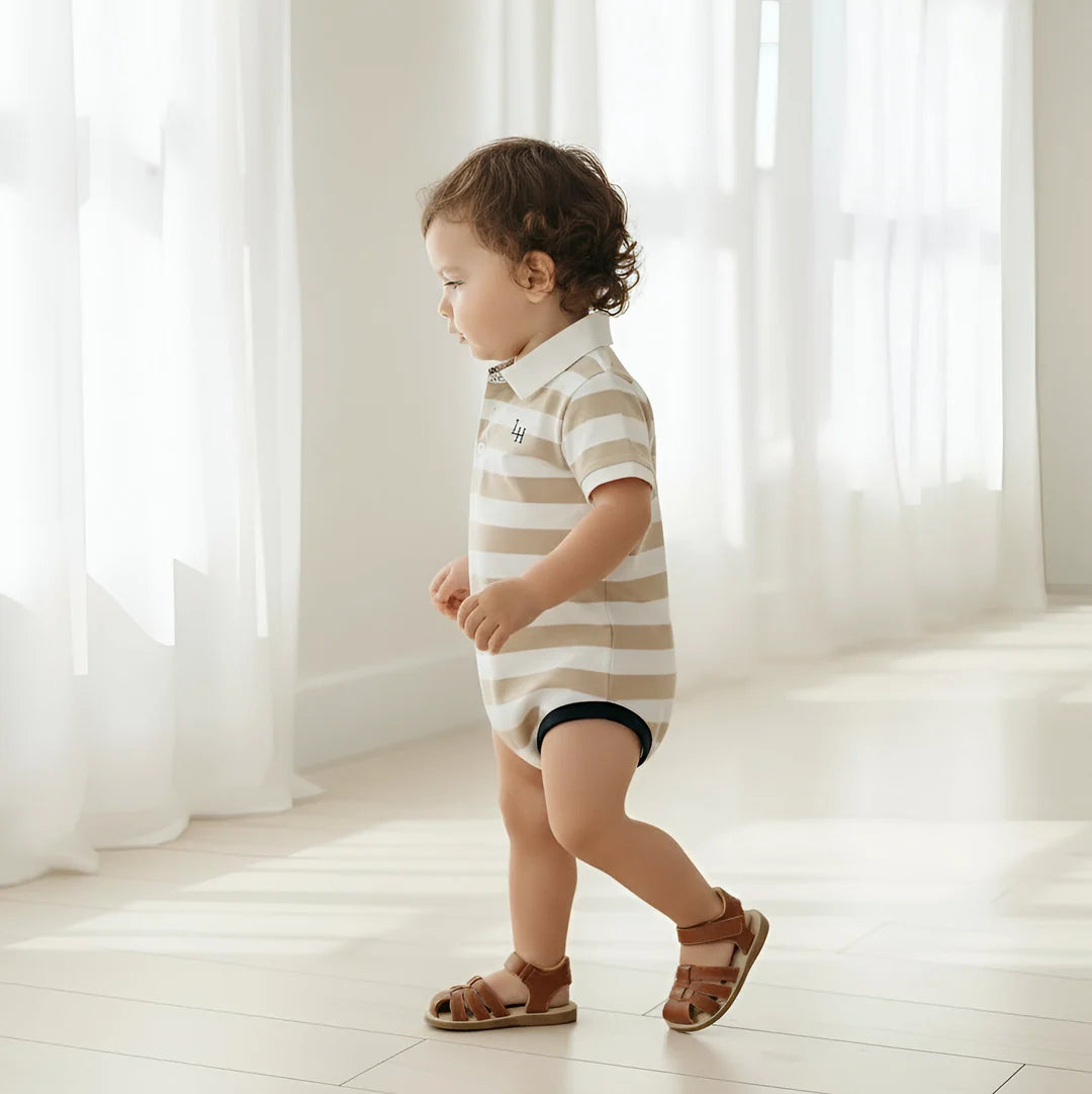 Baby Boys Rugby Romper - Beige Stripe