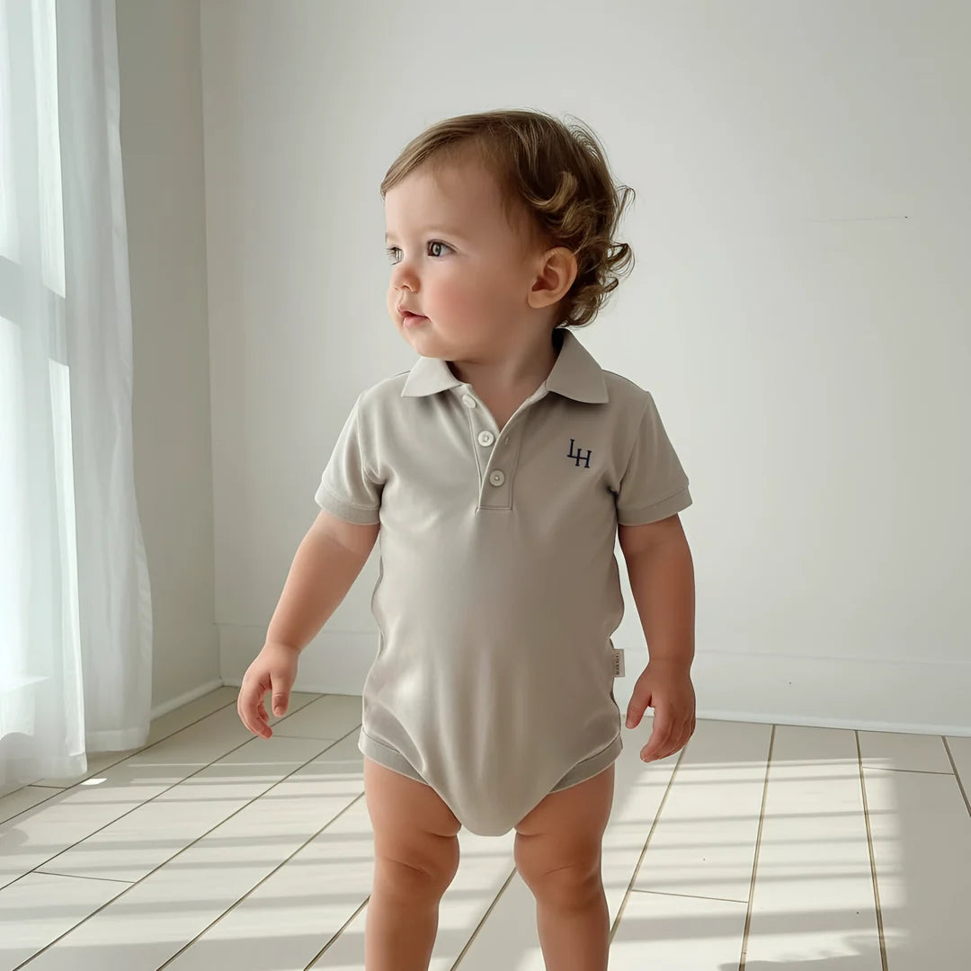 Baby Boys Polo Romper - Beige Grey