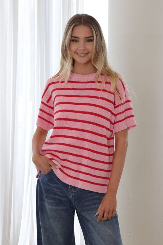 Stripe Knit Top - Pink/red
