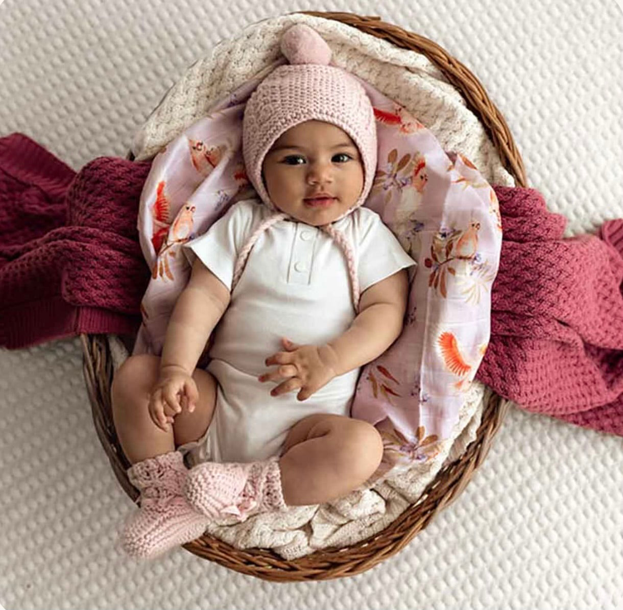 Merino Wool Bonnet & Booties - Pink