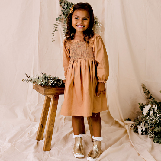 Lily L/S Puff Sleeve Dress - Caramel