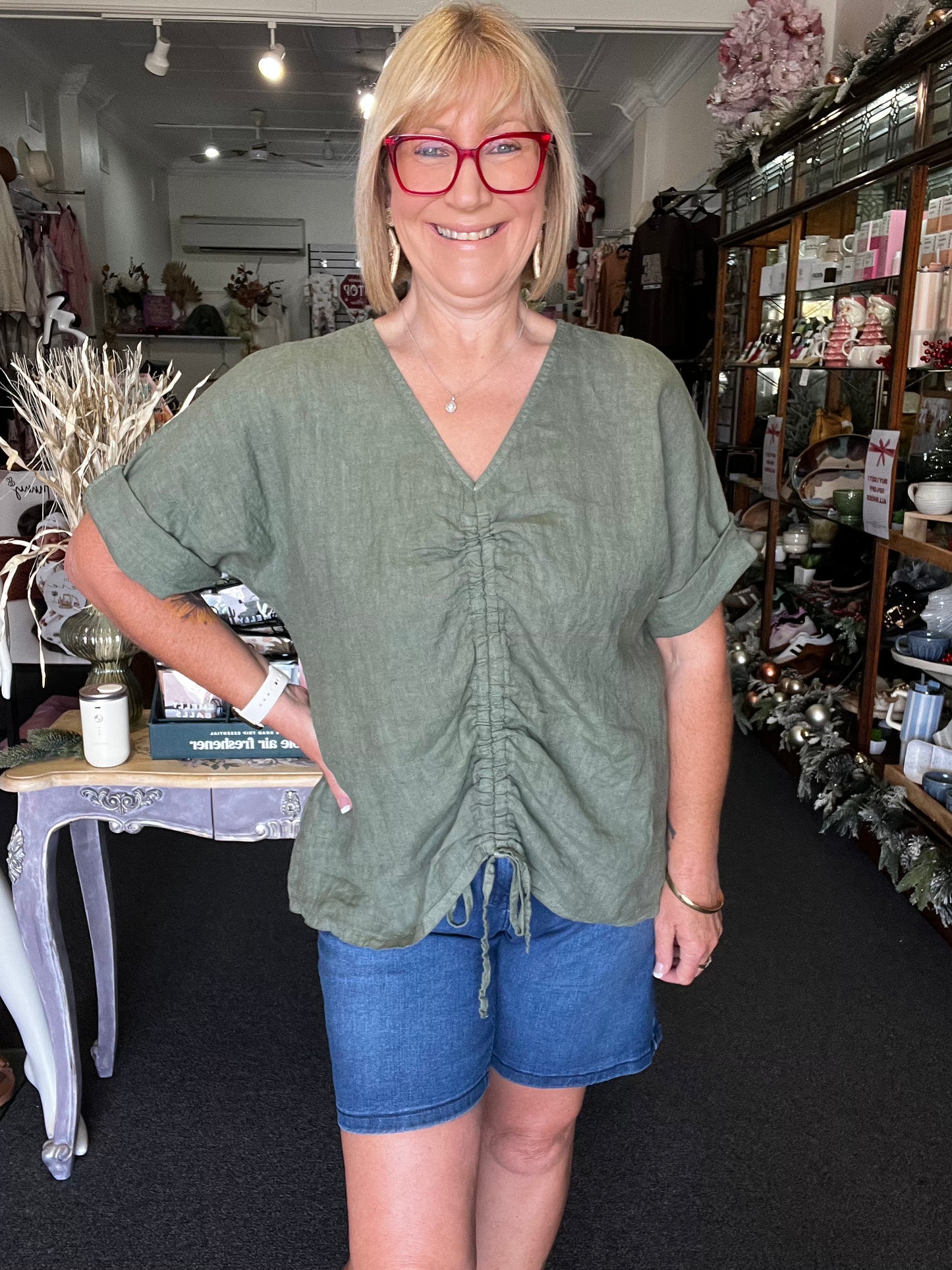 Italian Linen Top- Khaki