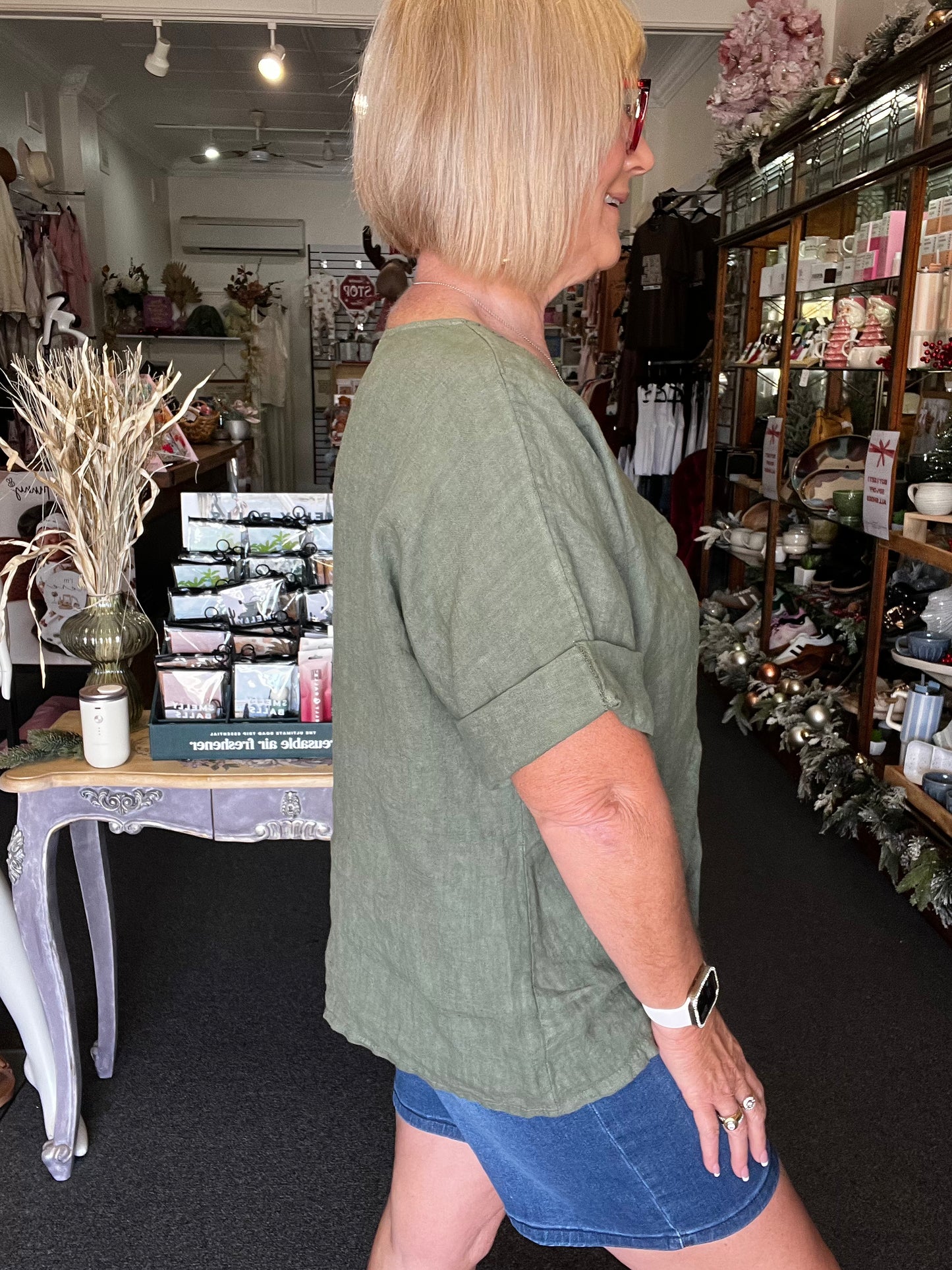 Italian Linen Top- Khaki