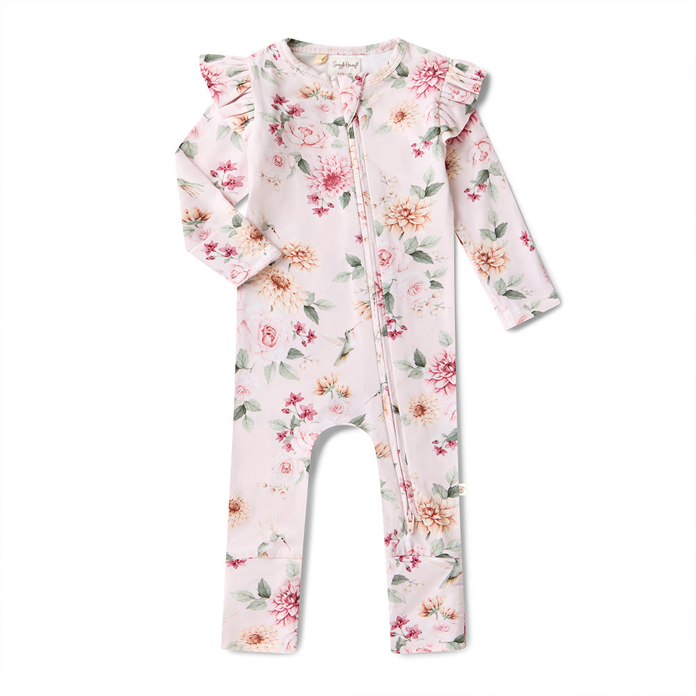 Organic Snugglesuit Convertible Romper with Frill - Birds & Blooms