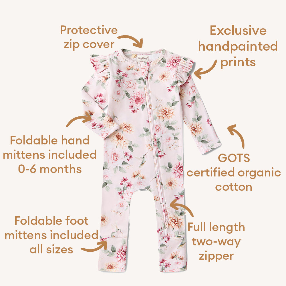 Organic Snugglesuit Convertible Romper with Frill - Birds & Blooms