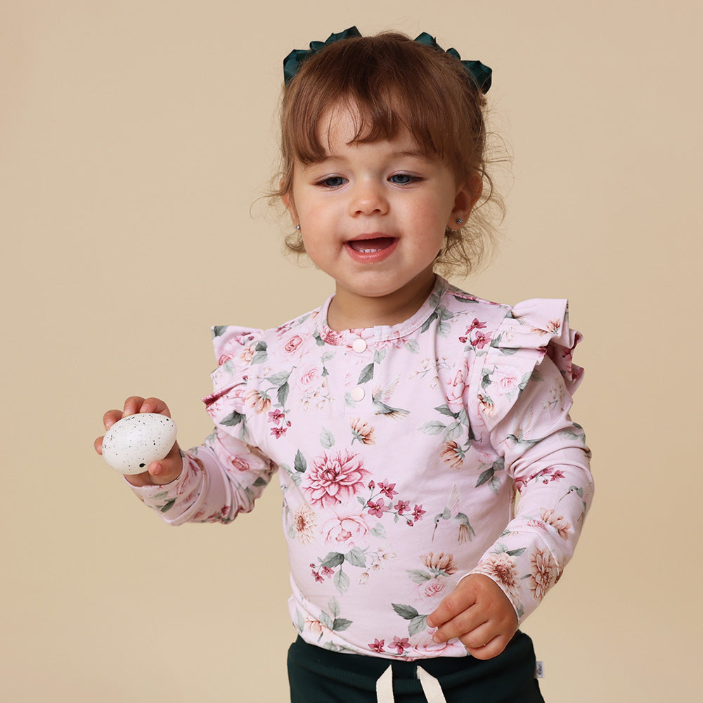 Long Sleeve Organic Bodysuit with Frill - Birds & Blooms
