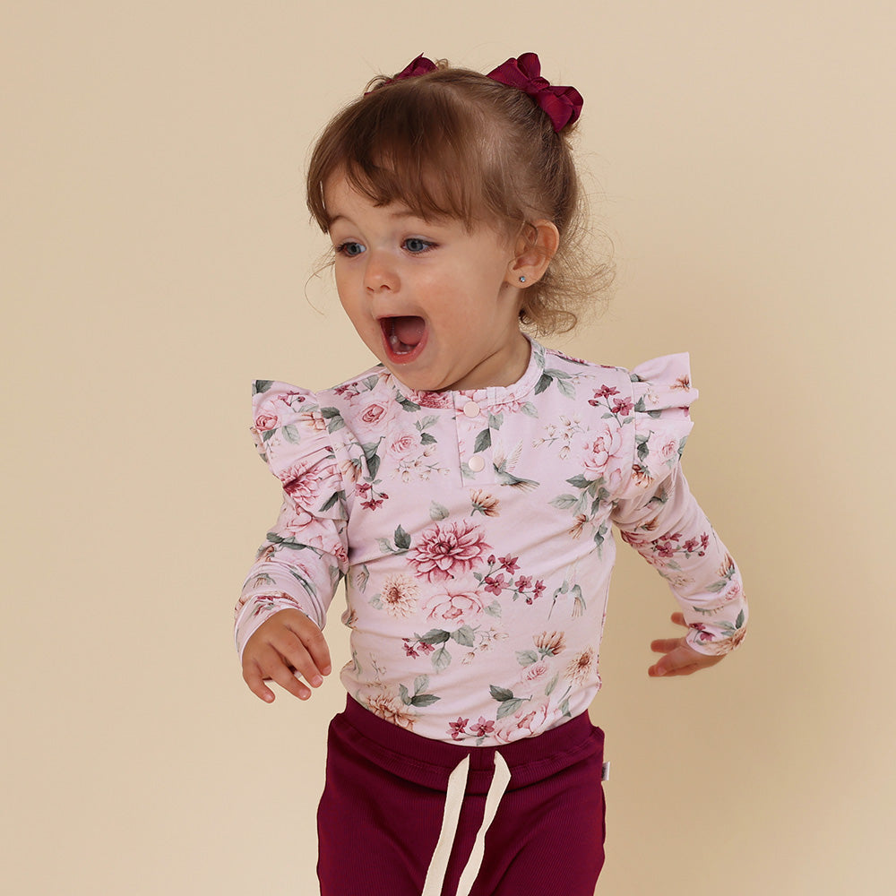 Long Sleeve Organic Bodysuit with Frill - Birds & Blooms