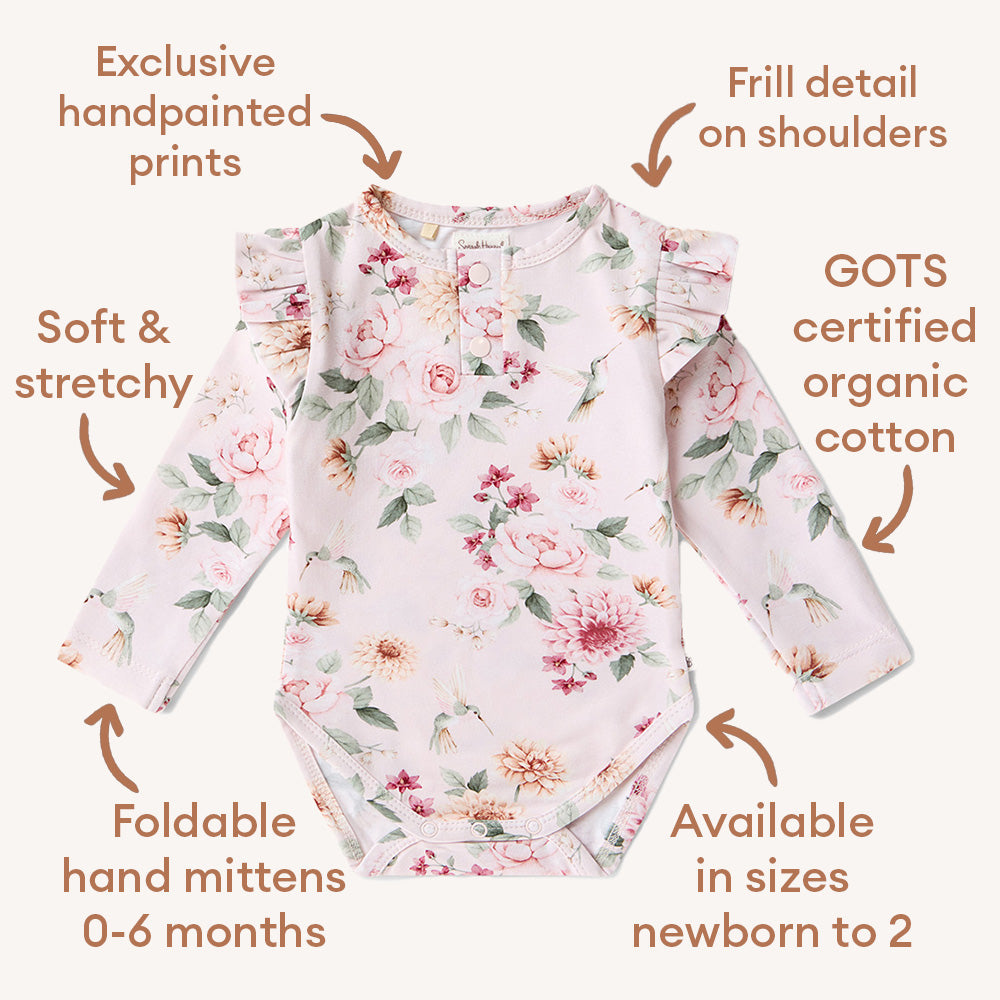 Long Sleeve Organic Bodysuit with Frill - Birds & Blooms