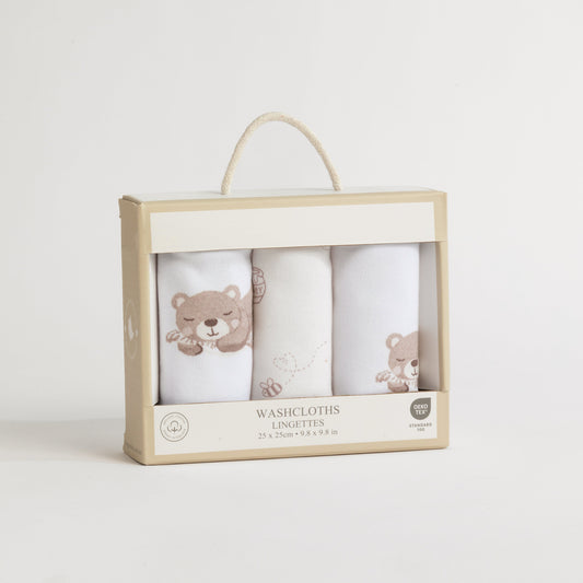 3 Pack Organic Wash Cloths - Cuddly Bear