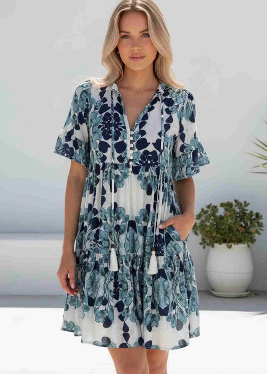 Amelia Dress- Blue Multi Colour